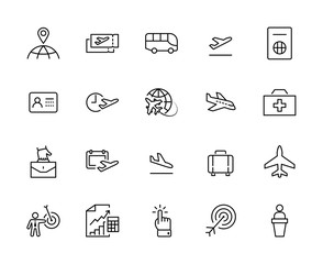Set of Airport Related Vector Line Icons. Contains such Icons as Globe, Departure, Plane, Bus, Tickets, Baggage Claim, Calendar, Kit and more. Editable Stroke. 32x32 Pixels.