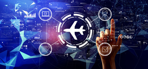 Flight ticket booking concept with hand pressing a button on a technology screen