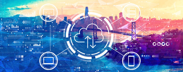 Cloud computing with aerial view of the Bay Bridge in San Francisco