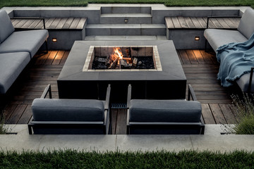 Outdoor zone for relax with burning fire pit - 320668001