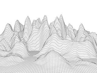 Vector wireframe 3d landscape. Technology grid illustration. Network of connected dots and lines on white background.