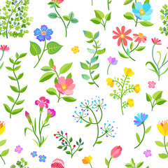 Seamless pattern with flowers, berries and leaves. Vector Illustration for fabric, wrapping, wallpapers and other designs. Floral botanical print.