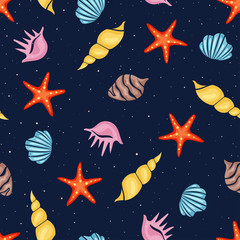 Summer sea seamless pattern with various sea shells on dark background