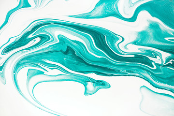 Mint green and white paint marbling flow background. Contemporary fluid art raster illustration. Acrylic, aquarelle mixing effect abstract backdrop. Watercolor dynamic texture close up