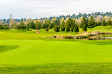 Golf course with flag, gorgeous pond and fantastic snow mountain view. 