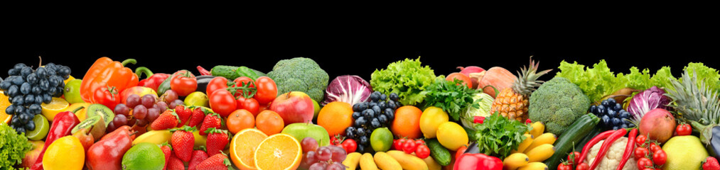 Panoramic photo fruits and vegetables isolated on black