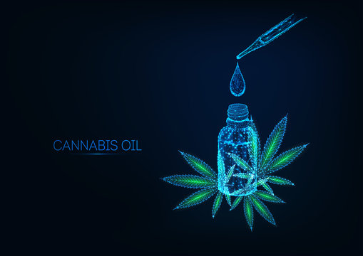 Futuristic cannabidiol oil extract concept with glowing bottle, drop, pipette and cannabis leaves