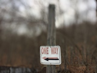 Signage Metal One Way Directional Traffic Road Sign Left Weathered, Rusted, and mounted on wooden...