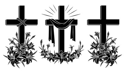 Cross with lilies. Religious Christian Easter Symbol. Set of crosses with lilies  and shroud. Easter Sunday poster design element,  card,  greetings. Isolated black silhouette. Vector illustration