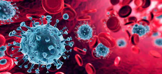 Corona Virus In Red Artery - Microbiology And Virology Concept - 3d Rendering - obrazy, fototapety, plakaty