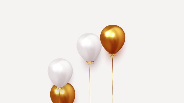 Group of helium balloons with white and gold colors ribbon, fly up. Explosion bright golden confetti. Animation with Alpha channel