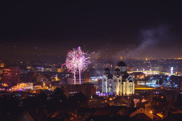 Celebration of orthodox Christmas eve with fireworks in Valjevo, Serbia