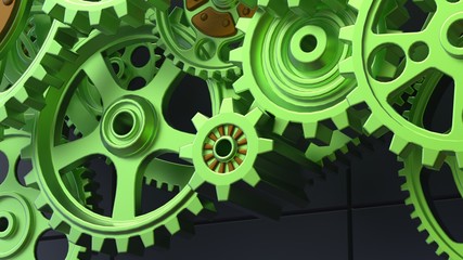 Mechanism green gears and cogs at work on black background. Industrial machinery. 3D illustration. 3D high quality rendering.