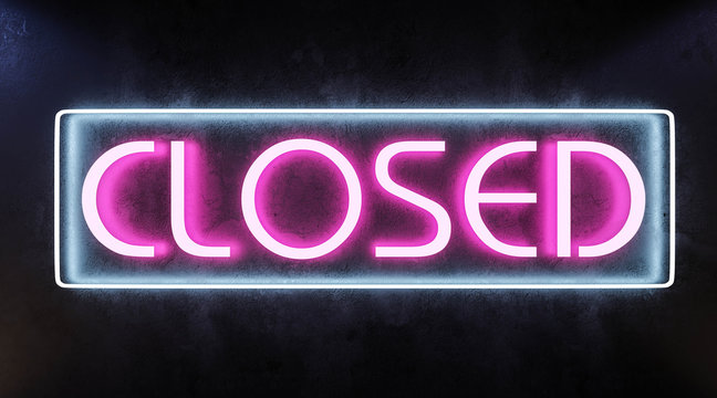 retro blue and pink neon closed sign opening hours concept on dark concrete wall low key lighting 3d render illustration