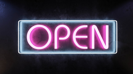 blue and pink neon open sign opening hours concept on dark concrete wall low key lighting 3d render illustration