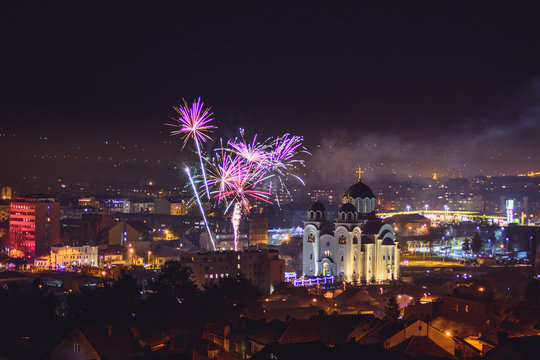 Celebration of orthodox Christmas eve with fireworks in Valjevo, Serbia