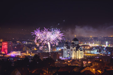 Celebration of orthodox Christmas eve with fireworks in Valjevo, Serbia