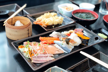 Japanese food sasimi, sushi and tempura