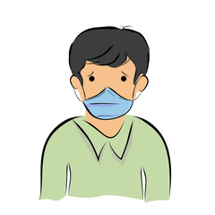 Vector, Hand Draw Sketch, Sick Boy using Mask, Isolated on White