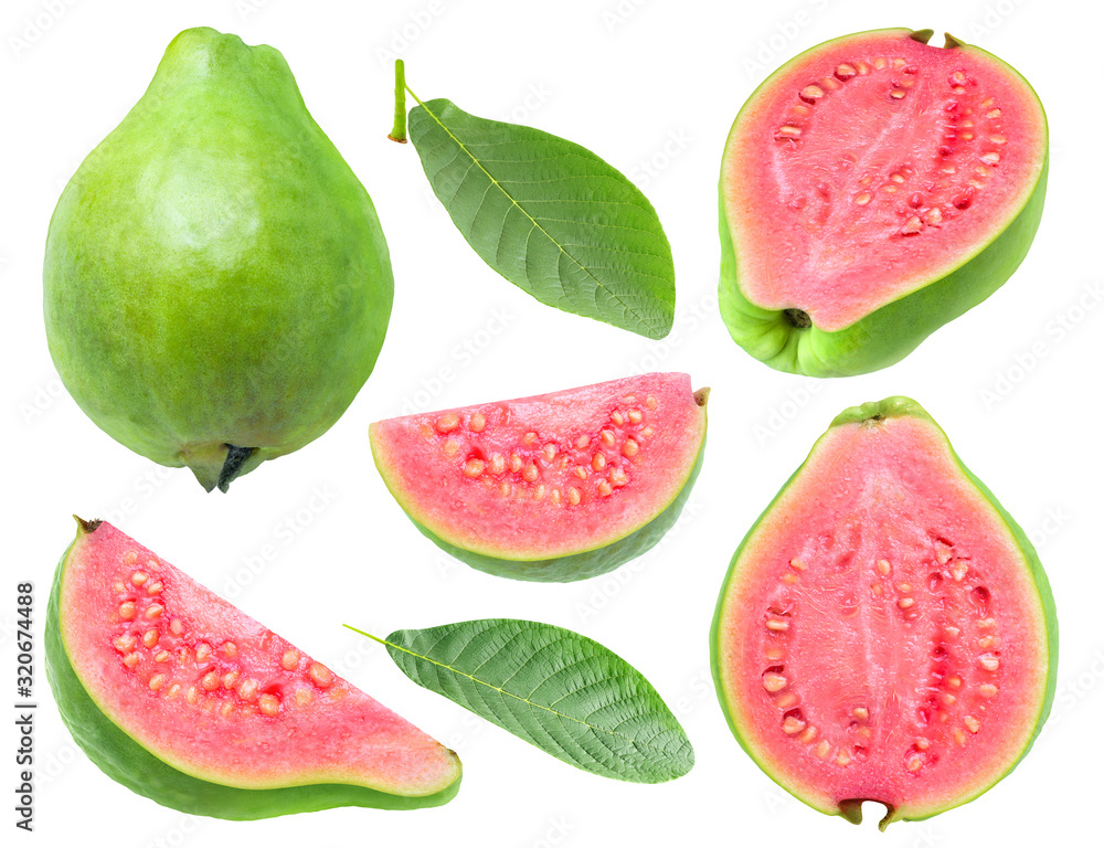 Poster isolated guava. collection of green pink fleshed guava fruit pieces and leaves isolated on white bac