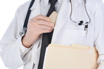 Closeup of a doctor placing his cell phone in his lab coats inside pocket. Man is holding files...