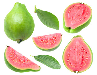 Isolated guava. Collection of green pink fleshed guava fruit pieces and leaves isolated on white...