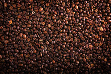 Coffee seeds, texture, natural organic dark background.