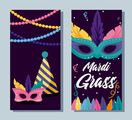 Mardi gras masks and hat with necklaces vector design