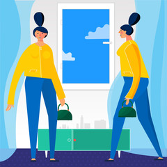 Office workers at office interior, managers, businesswomen working in the company. Vector illustration in trendy flat simple style