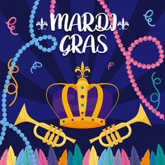 Mardi gras crown and trumpets vector design