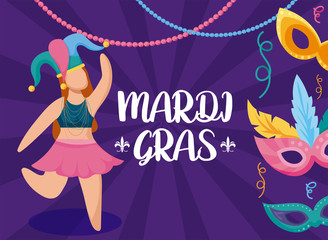 Woman with mardi gras hat and masks vector design