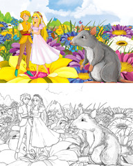 cartoon girl princess and prince with a wild bird sketch