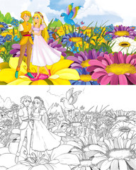cartoon girl princess and prince with a wild bird sketch