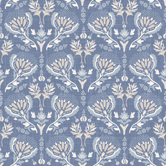 French blu shabby chic damask vector texture background. Antique white blue flower seamless pattern. Hand drawn floral interior wallpaper home decor swatch. Classic baroque medallion all over print