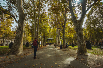 Fototapeta na wymiar Central pathway of the urban park Zrinjevac in the center of Zagreb, Croatia