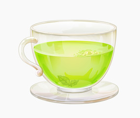 Green or herbal tea in glass cup on saucer isolated. Realistic mug