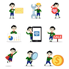 Set of character man performed as a rag doll with cute face.