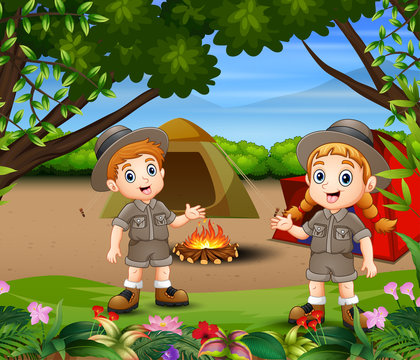 Children camping in the forest illustration