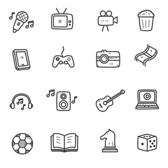 Set of multimedia and entertainment doodle element vector illustration in cute hand drawn style such as music, movie, and more. Entertainment doodle icons 