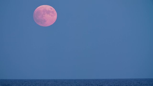 Mysterious Pink Full Moon over the Sea at sunset. Dusk