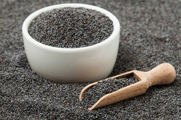 Poppy seeds in bowl. Selective focus.