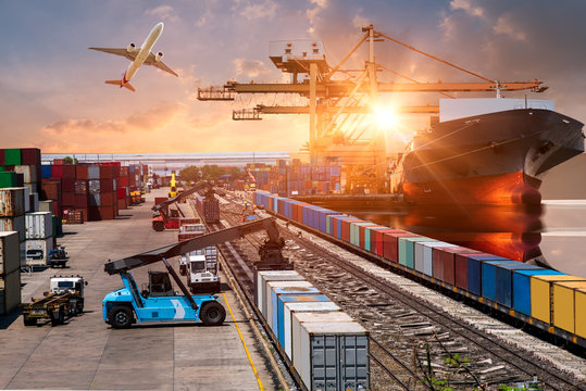 Global business of Container Cargo freight train for Business logistics concept, Air cargo trucking, Rail transportation and maritime shipping, Online goods orders worldwide