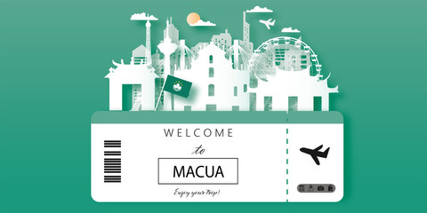 Macau Travel panorama postcard, poster, tour advertising of world famous landmarks in paper cut style. Vectors illustrations