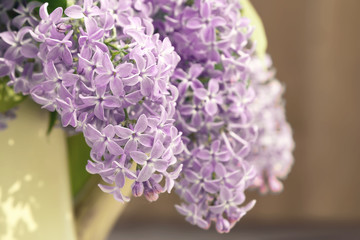 Lilac branches hanging from a vase in the shape of a watering can on a wooden wall background