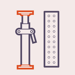 Scaffolding component icon. Consist of board decking. Also called steel plank, metal deck and catwalk for work platform and access. Include adjustable scaffolding shoring prop for temporary support.