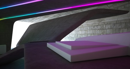 Abstract architectural concrete interior of a minimalist house with colored neon lighting. 3D illustration and rendering.