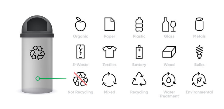 Recycling Icon. Types of Waste Materials vector symbols set. Sorting Pictograms isolated