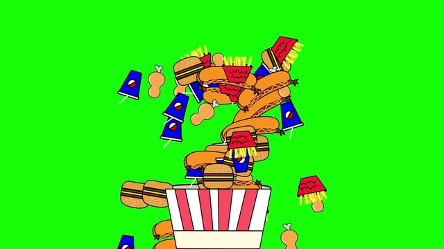 Fast food in a big red paper film box. Animation of a burger, french fries, hot dog, gosling. 4k bucket on a green background. 2D flat sketch of animated falling pieces