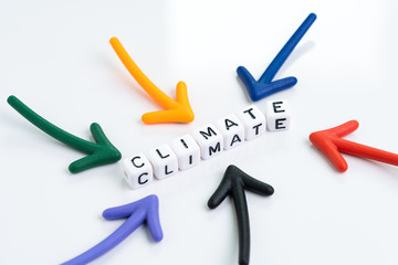 Multiple arrows pointing to cube block combine the word Climate on white background using as environment care, global climate change or ecology concept