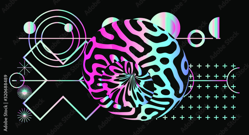 Poster holographic torus with bionic organic pattern on dark background. psychedelic surreal illustration.